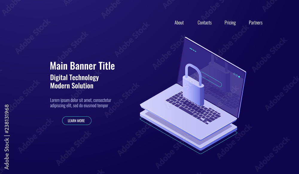 Data security isometric shield concept, laptop with lock, account protection, safe internetwork, dark neon Data security isometric shield concept, laptop with lock, account protection, safe internetwork, dark neon