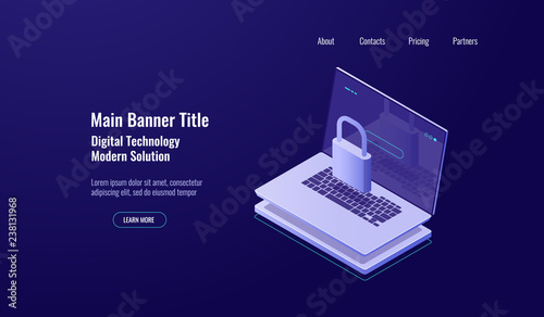 Data security isometric shield concept, laptop with lock, account protection, safe internetwork, dark neon