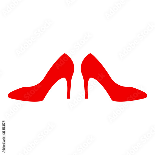 Shoe store label. Red shoe on hill icon. Shop signboard
