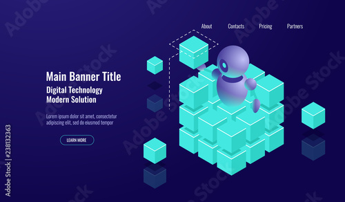 Data shorting, isometric, big data processing, cube artificial intelligence, data center,robot automatization dark neon