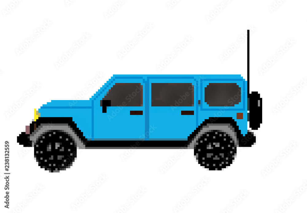 Pixel drawn 8 bit 4 door offroad vehicle with spare tire and antenna