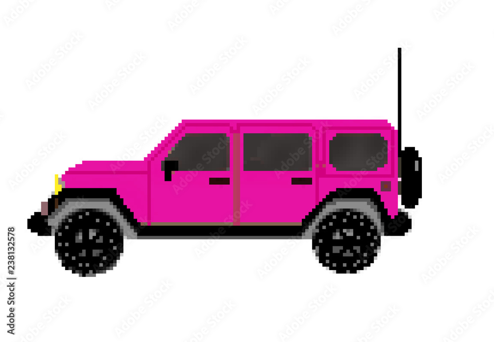 Pixel drawn 8 bit 4 door offroad vehicle with spare tire and antenna
