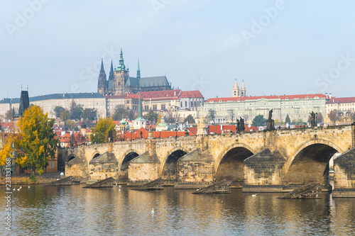 prague river bank and old town at background, czech republic © jon_chica