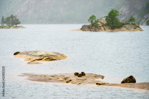 Lake in mountains, Norway stone landscape photo