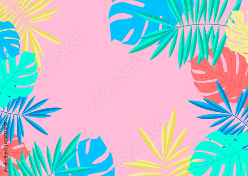 Tropical summer palm and monstera leaves border on pink background