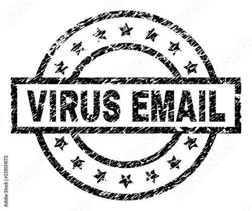 VIRUS EMAIL stamp seal watermark with distress style. Designed with rectangle, circles and stars. Black vector rubber print of VIRUS EMAIL title with unclean texture.