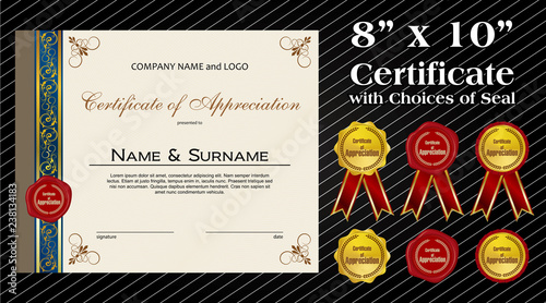 8 x 10 size Certificate of Appreciation with laurel wreath wax seal and ribbon