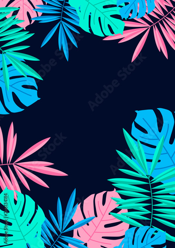 Tropical summer palm and monstera leaves border on night blue background