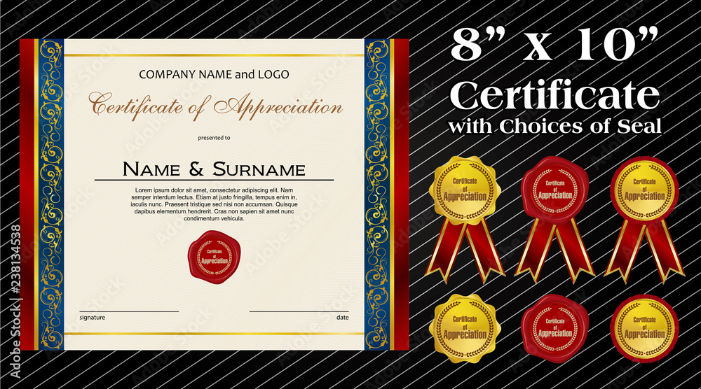 8 x 10 size Certificate of Appreciation with laurel wreath wax seal and ribbon