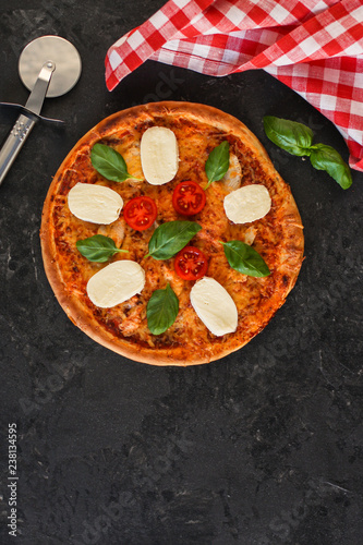 pizza, mozzarella, chicken, tomato sauce, vegetables, basil (pizza mozzarella tomato). food background. copy space