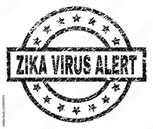 ZIKA VIRUS ALERT stamp seal watermark with distress style. Designed with rectangle, circles and stars. Black vector rubber print of ZIKA VIRUS ALERT label with unclean texture.