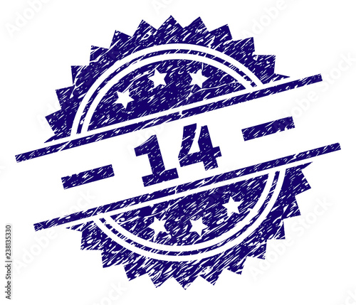 14 stamp seal watermark with distress style. Blue vector rubber print of 14 title with scratched texture.
