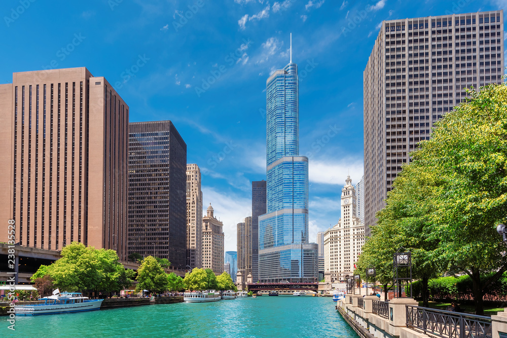 Naklejka premium Chicago Skyline z rzeką Chicago i wieżowcem w słoneczny dzień, Chicago, Illinois.