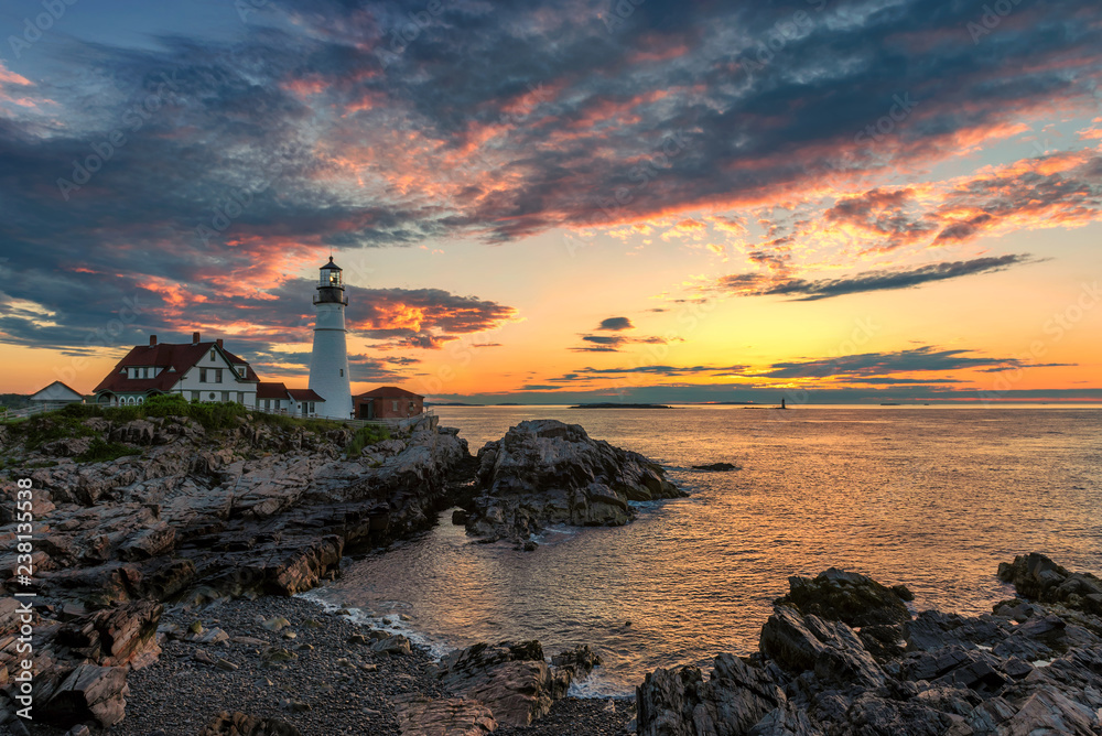 Portland Lighthouse at sunrise in New England, Maine, USA.   