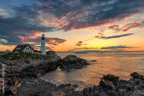 Portland Lighthouse at sunrise in New England, Maine, USA. 