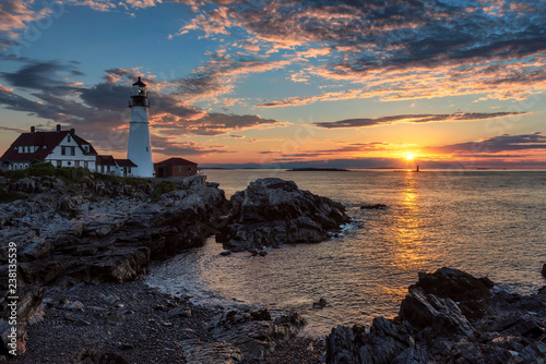 Portland Lighthouse at sunrise in Cape Elizabeth  New England  Maine  USA.   