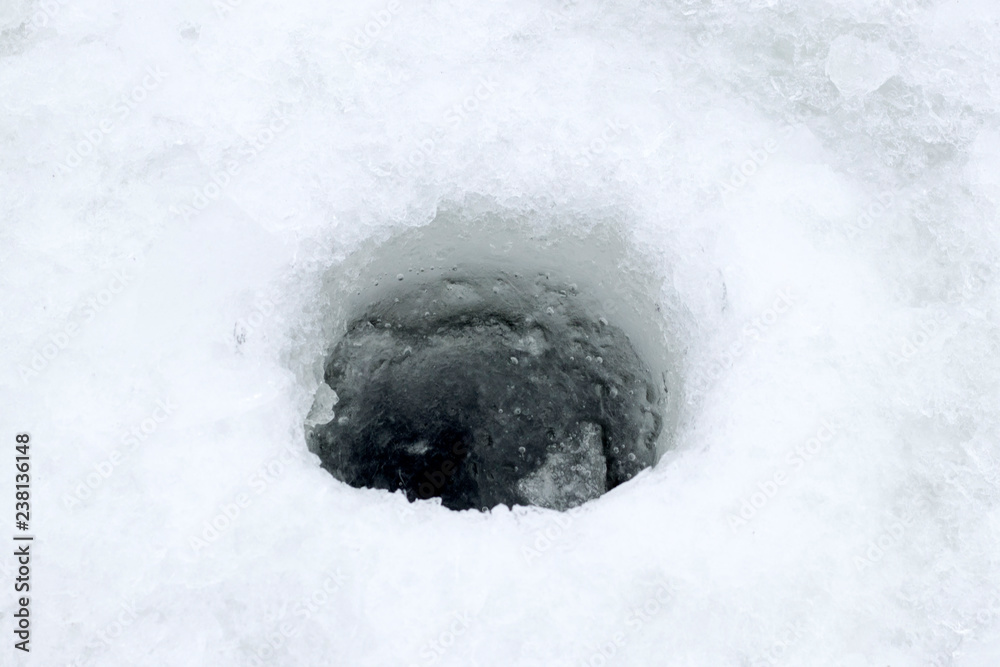 Fishing hole in winter, snow and ice, concept of winter fishing.