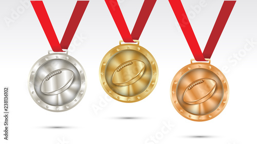 american football gridiron Champion Gold, Silver and Bronze Medal set with Red Ribbon  Vector Illustration