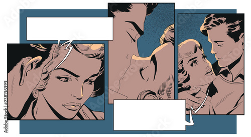 Couple in love. People in retro style pop art and vintage advertising.