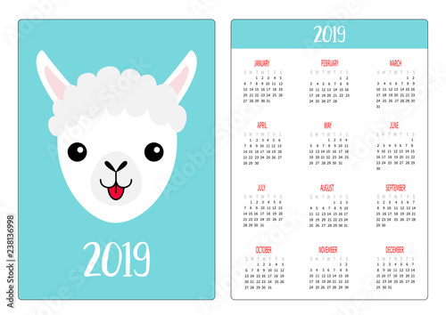 Llama alpaca face showing tongue. Simple pocket calendar layout 2019 new year. Week starts Sunday. Cute cartoon character. Vertical orientation. Flat design. Blue background.