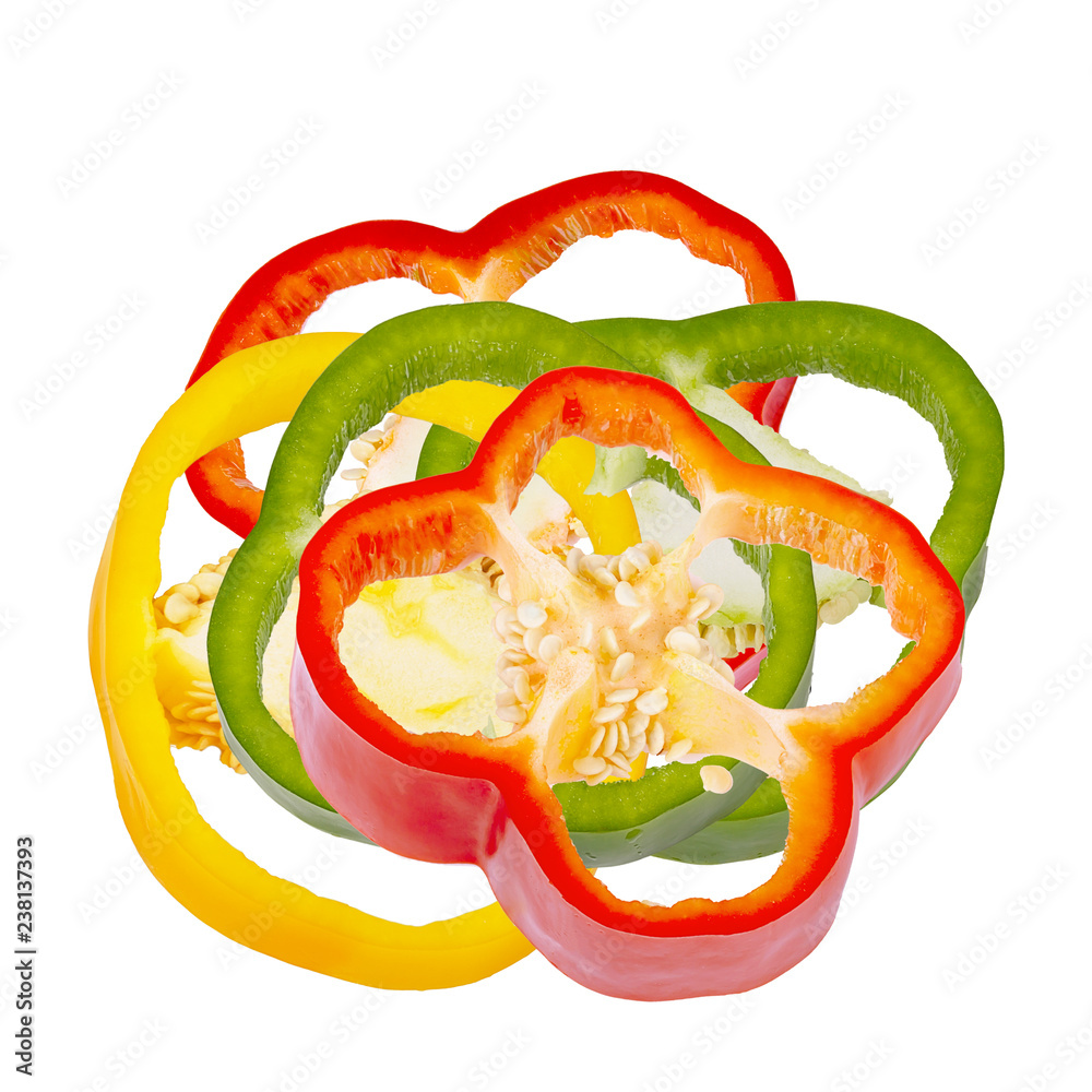 Colored sweet bell pepper slices isolated on white background Colored sweet bell pepper slices isolated on white background