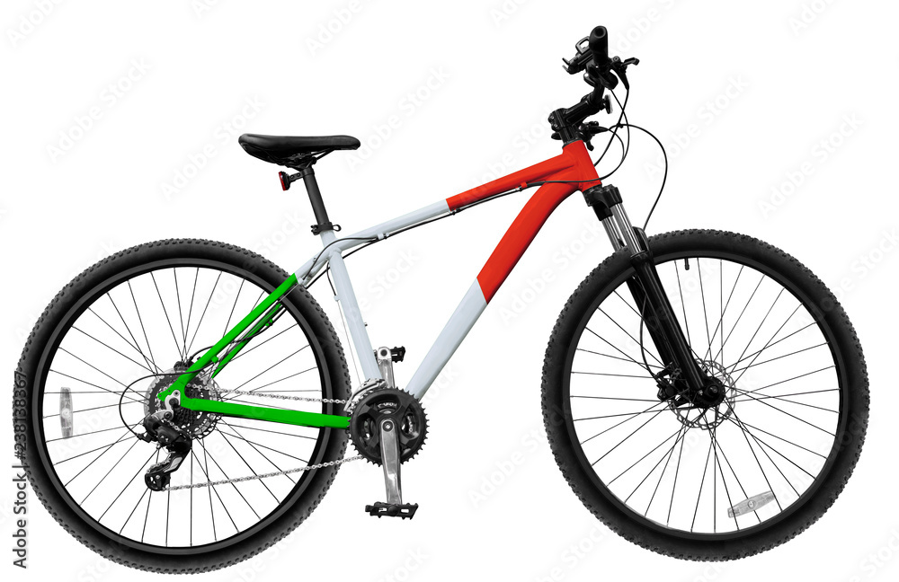 Mountain bike with Italy flag frame on white isolated background