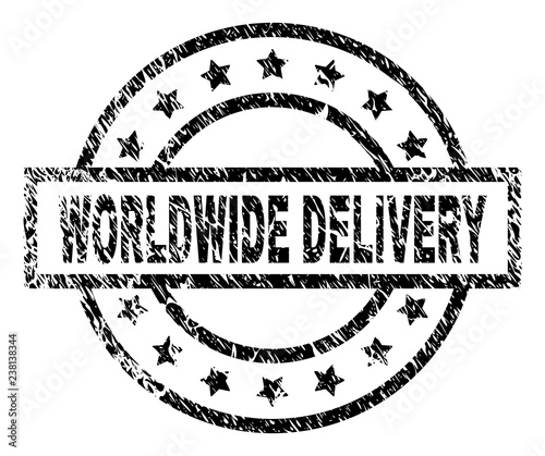 WORLDWIDE DELIVERY stamp seal watermark with distress style. Designed with rectangle, circles and stars. Black vector rubber print of WORLDWIDE DELIVERY text with grunge texture.