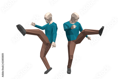 Low poly man makes front kick. Isolated on white background.
