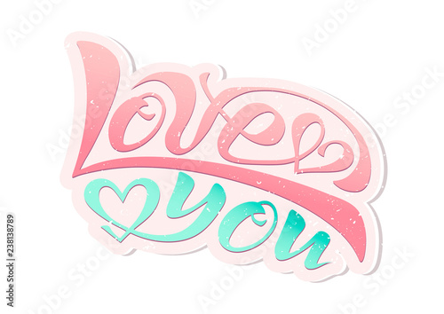 Handwritten text of calligraphy lettering translated into vector. Vector image of beautiful letters of the phrase love you for greeting card inscription icon or logo with a heart