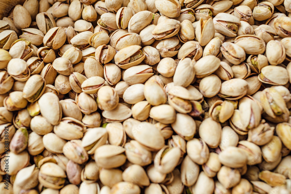 Close-up of pistachio. Salted pistachio - beer snack. 