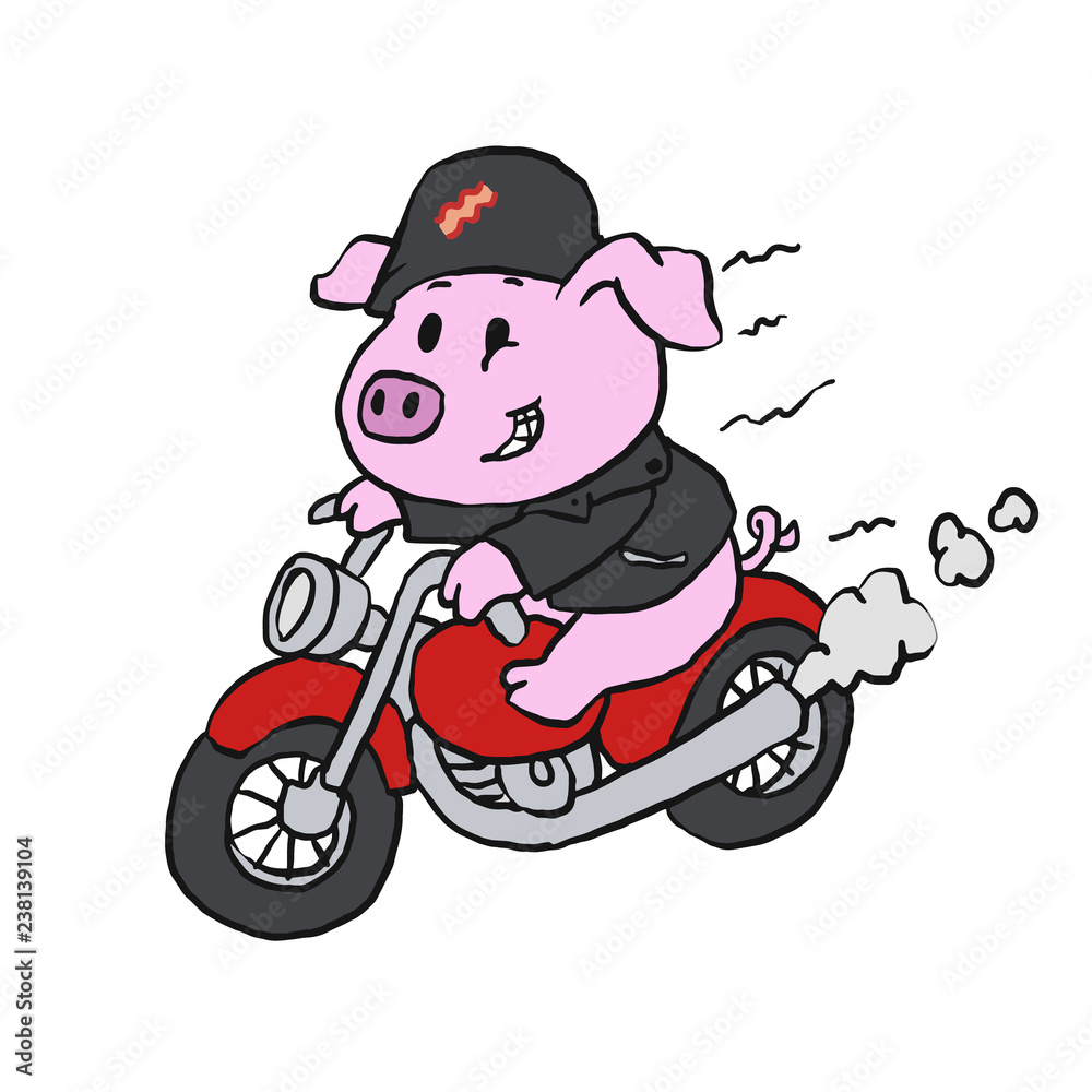Cute cartoon pig riding motorcycle 