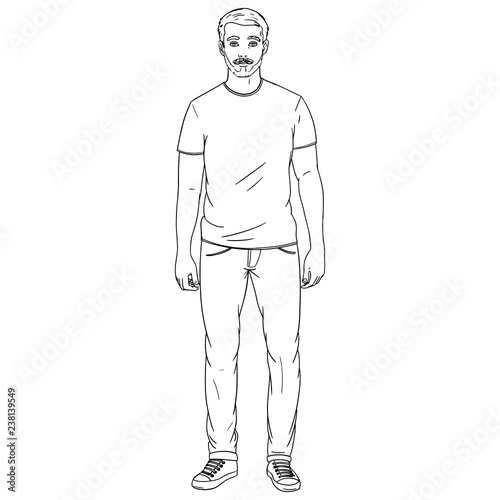 Male model from front in full length in black and white with t-shirt and jeans or jeans and sneakers. Three days beard and clean short hair. Outline, Vector Art, Cartoon, Comic, Fashion, Lifestyle.