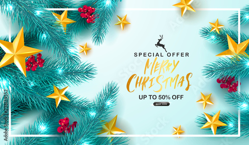 Merry Christmas Sale.Universal vector background with fir branches, Rowan, stars and serpentine. Suitable for promotional materials, postcards,posters banners, flyers. Modern design.