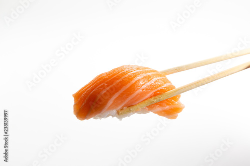 Salmon Sushi on whtie plate
