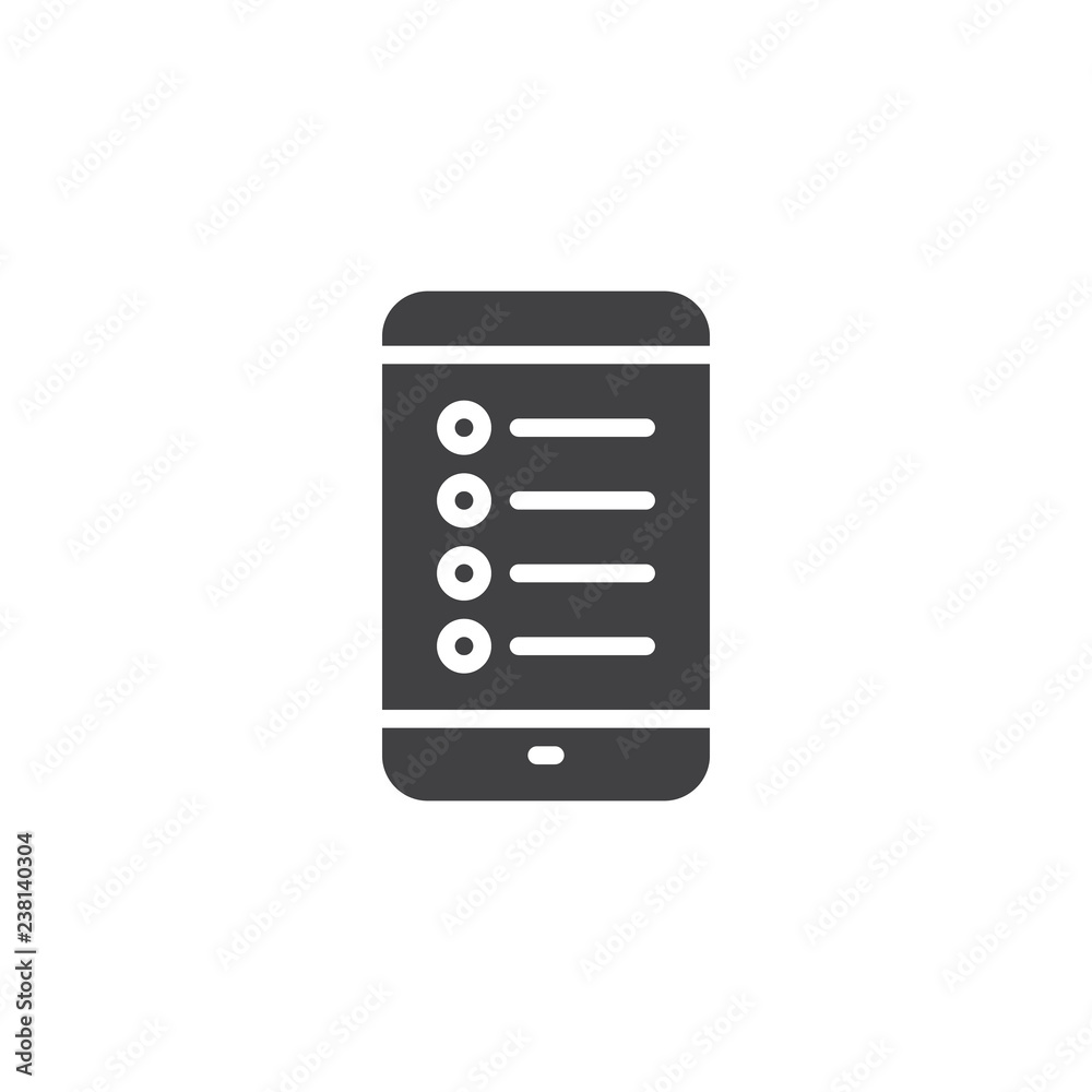 Mobile phone checklist vector icon. filled flat sign for mobile concept and web design. Smartphone list simple solid icon. Symbol, logo illustration. Pixel perfect vector graphics Mobile phone checklist vector icon. filled flat sign for mobile concept and web design. Smartphone list simple solid icon. Symbol, logo illustration. Pixel perfect vector graphics