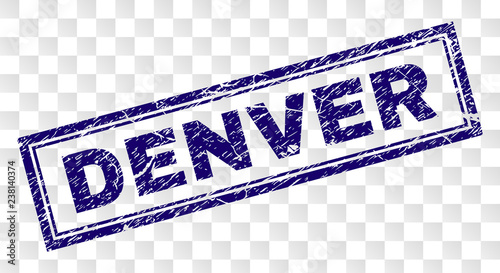 DENVER stamp seal watermark with rubber print style and double framed rectangle shape. Stamp is placed on a transparent background. Blue vector rubber print of DENVER label with unclean texture.