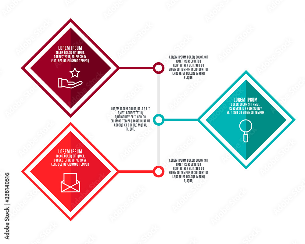 Modern 3D vector illustration. Infographic template with three elements, rhombus. Timeline step by step. Designed for business, presentations, web design, diagrams, chart, training with 3 steps