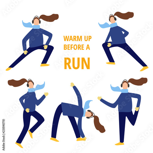 Set of girls warming up before a run in winter time