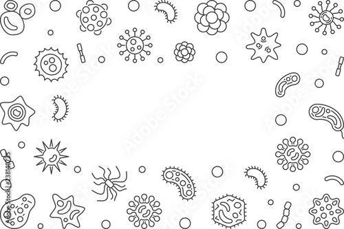 Bacterium microbiology horizontal frame with empty space for text. Vector illustration made with bacteria outline concept icons