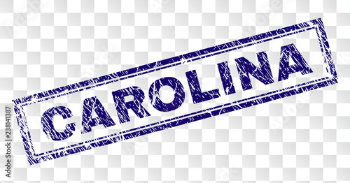 CAROLINA stamp seal imprint with rubber print style and double framed rectangle shape. Stamp is placed on a transparent background. Blue vector rubber print of CAROLINA label with unclean texture.