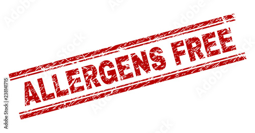 ALLERGENS FREE seal print with grunge texture. Red vector rubber print of ALLERGENS FREE caption with unclean texture. Text caption is placed between double parallel lines.