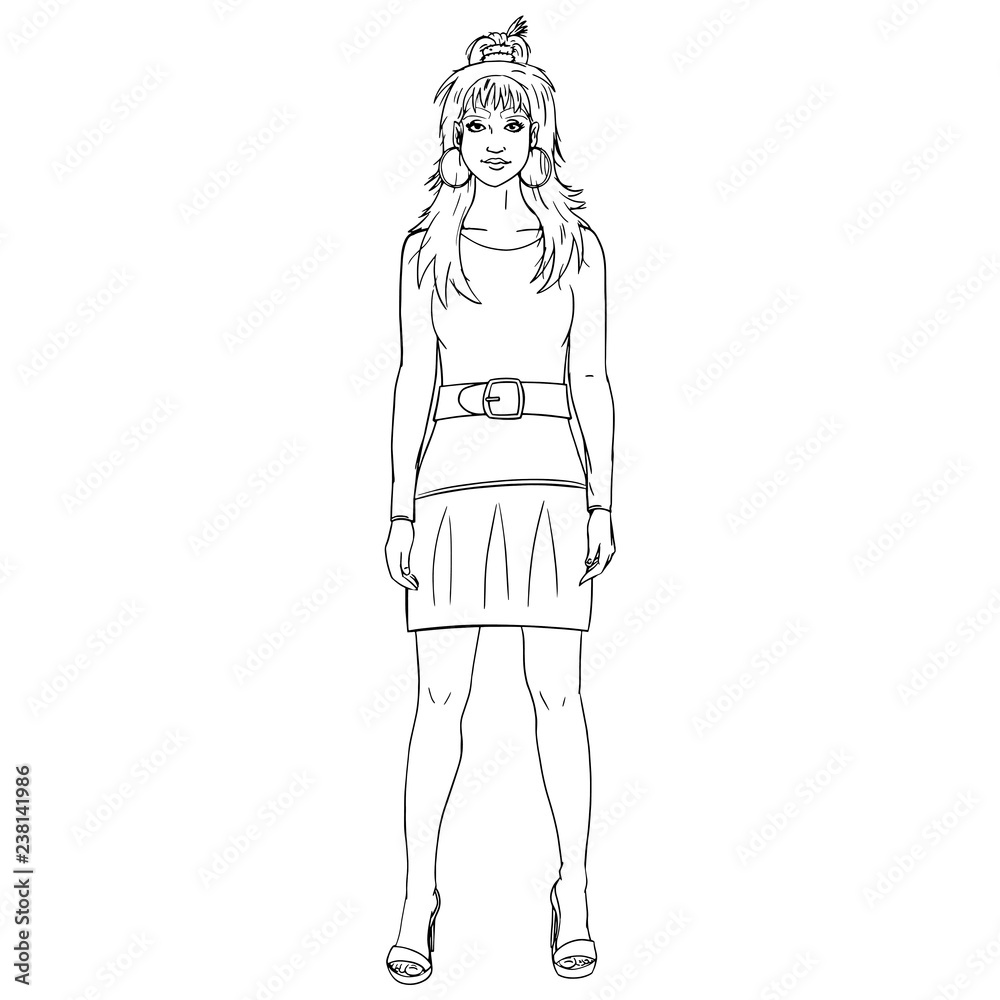 Female model from the front in full length in black and white with a long T-shirt and mini skirt with high heels. Shoulder-length, high-set long hair and subtly made-up face. Outline, Vector Art, Female model from the front in full length in black and white with a long T-shirt and mini skirt with high heels. Shoulder-length, high-set long hair and subtly made-up face. Outline, Vector Art,