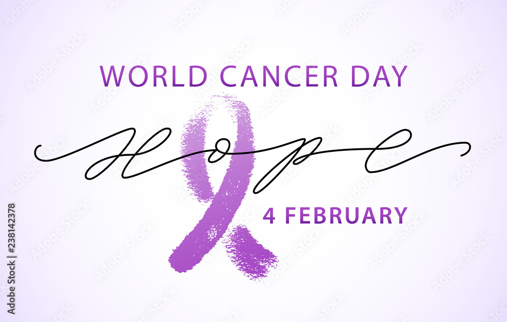 Fototapeta premium World cancer day 4 february text. Vector illustration concept for world cancer day. Hope word with violet ribbon symbol.