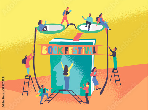 Flat vector illustration of people who prepare for book festival. Man reads the book and hang a banner on the bow of glasses and giant book. Library, bookfest poster, promotion, advertisement concept.