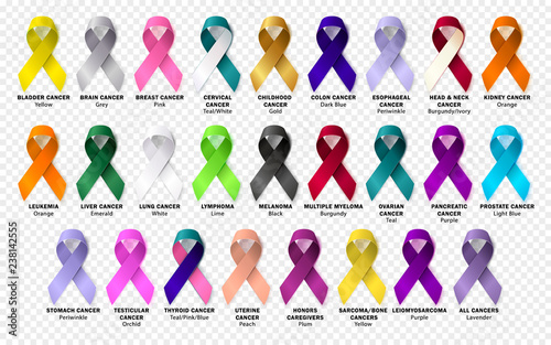 Set ribbon all cancers. Cancer awareness ribbons. Vector photo