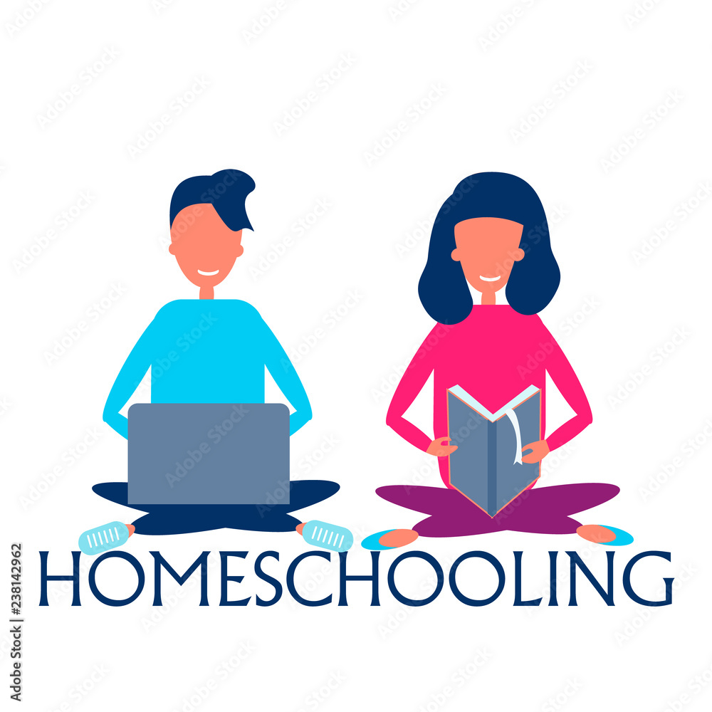 Illustration of Kids studying with the use of Laptop, notebook, pencil and book, homeschooling concept Illustration of Kids studying with the use of Laptop, notebook, pencil and book, homeschooling concept
