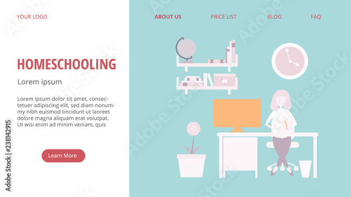 Homeschooling vector illustration, web concept, girl sitting at a desk