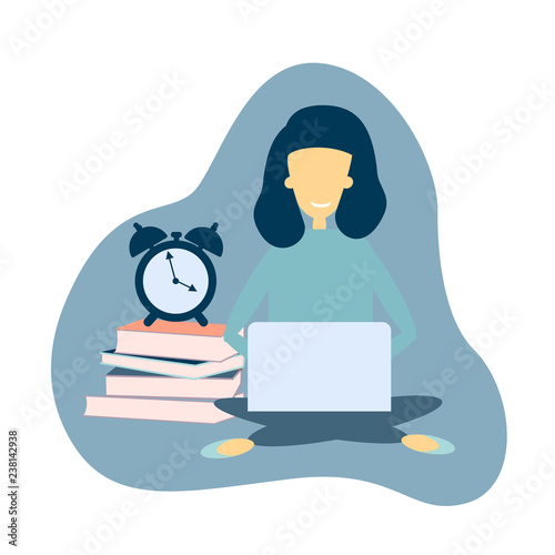 Young girl sitting on the floor with his laptop, colorful character vector Illustration, freelancer, homeschooling
