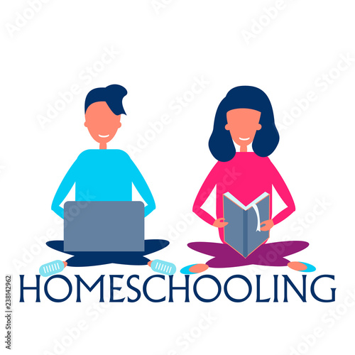 Illustration of Kids studying with the use of Laptop, notebook, pencil and book, homeschooling concept