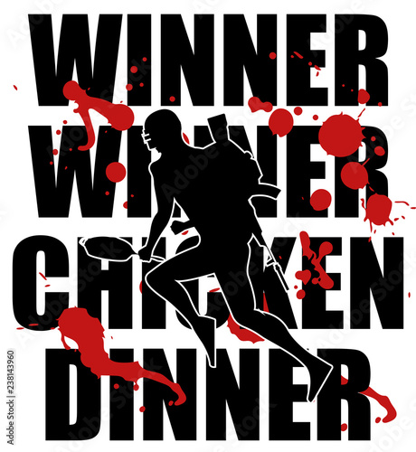 Silhouette of a running soldier, PUBG player.  in uniform, playerunknown's battleground. Vector illustration logo and text Winner winner chicken dinner. winning pubg text